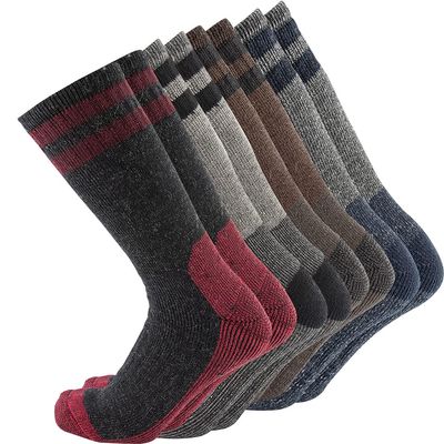 Cerebro Merino Wool Socks for Men, Cushioned Mid-calf Socks Moisture Wicking Men's Hiking Socks for Home, Trekking, Outdoors (4Pairs Brown+Grey+Grey+Red6)