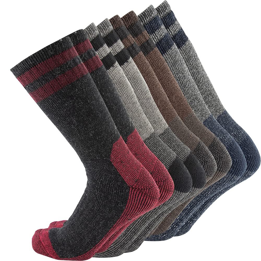 Cerebro Merino Wool Socks for Men, Cushioned Mid-calf Socks Moisture Wicking Men's Hiking Socks for Home, Trekking, Outdoors (4Pairs Brown+Grey+Grey+Red6)