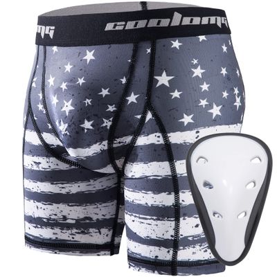 COOLOMG Boys Youth Compression Shorts with Athletic Cup for Baseball Football Hockey Lacrosse US Flag