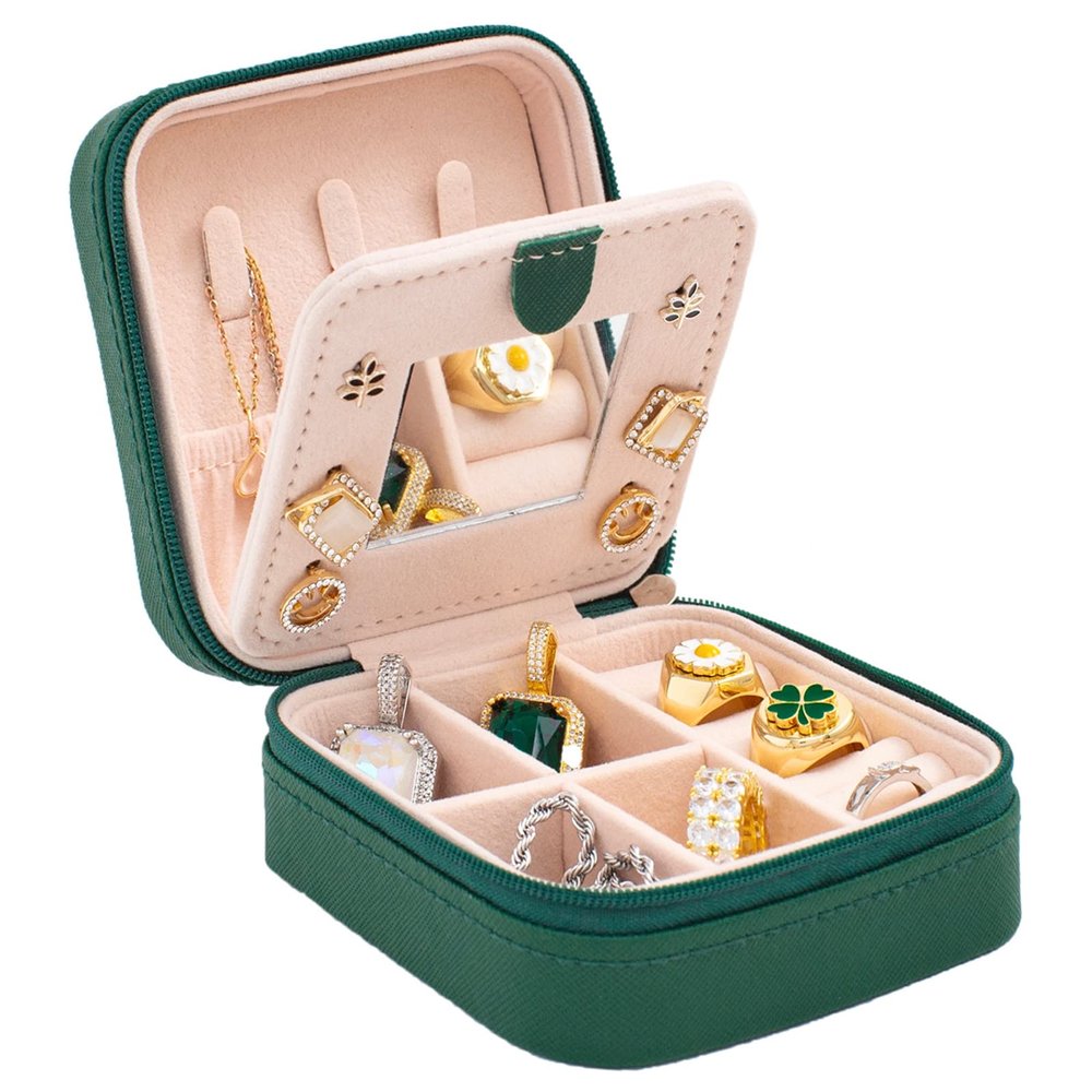 KElofoN Travel jewelry case Travel jewelry box Travel Jewelry Organizer Small box Gift for Girls Women with Mirror(Green)
