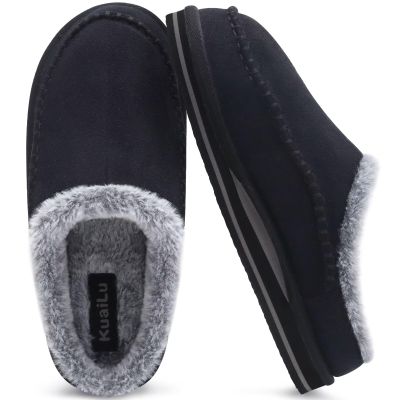 KuaiLu Mens Slippers with Orthopedic Arch Support Suede Faux Fur Fluff Plush Wool-like Warm House Shoes Comfortable Slip-on Bedroom Indoor Outdoor Clogs Slippers for Man, Size Black 8.5