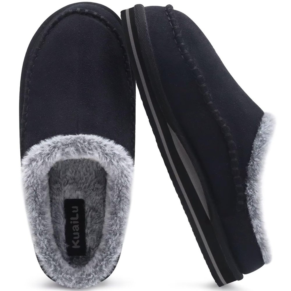 KuaiLu Mens Slippers with Orthopedic Arch Support Suede Faux Fur Fluff Plush Wool-like Warm House Shoes Comfortable Slip-on Bedroom Indoor Outdoor Clogs Slippers for Man, Size Black 8.5