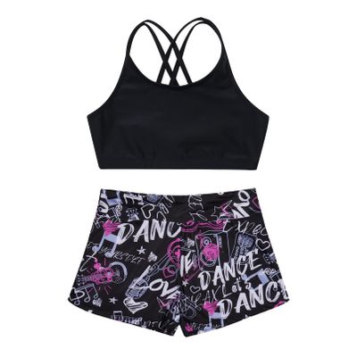Moily Girls Gymnastics/Dance/Sports Two Piece Outfit Criss Cross Back Crop Top with Booty Shorts Swimwear Ink 8-10