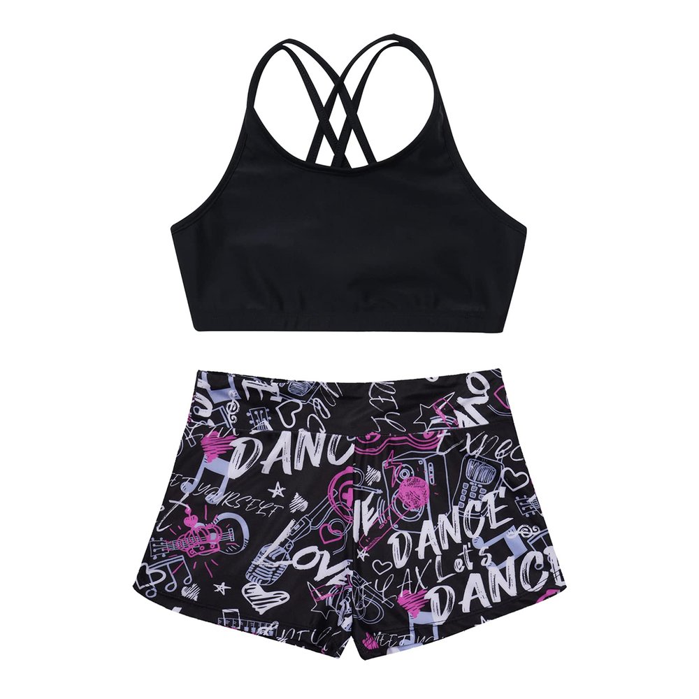 Moily Girls Gymnastics/Dance/Sports Two Piece Outfit Criss Cross Back Crop Top with Booty Shorts Swimwear Ink 8-10