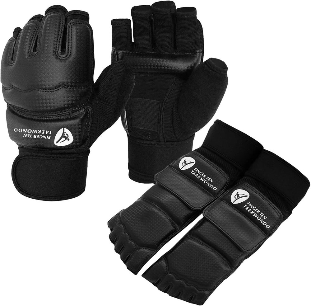 Taekwondo Sparring Gear Gloves Hand and Foot Protectors White Protective Guards Set for Boxing Kickboxing Fit Adult Men Women Kids Training (Black, X-Small)