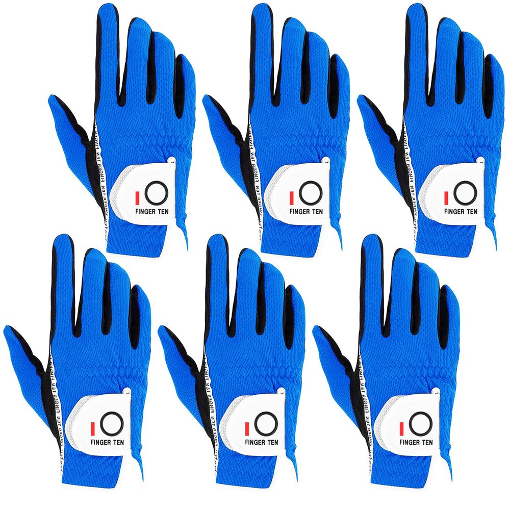 FINGER TEN Golf Gloves Men Right Left Handed Golfer Mens Glove RainGrip Hot Wet Weather Value 6 Pack, All Weather in Blue Small (Blue, Small, Right)