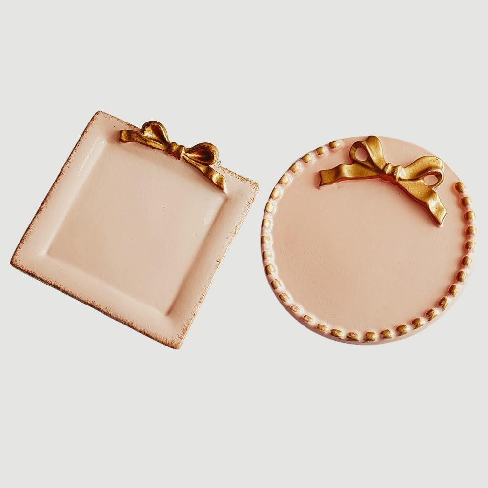 Gisela Adorable Bow-knot Trinket Dish Resin Jewelry Tray Perfect for Holding Small Jewelries, Necklaces, Earrings, Bracelets Decorative Plate (Pink Round)