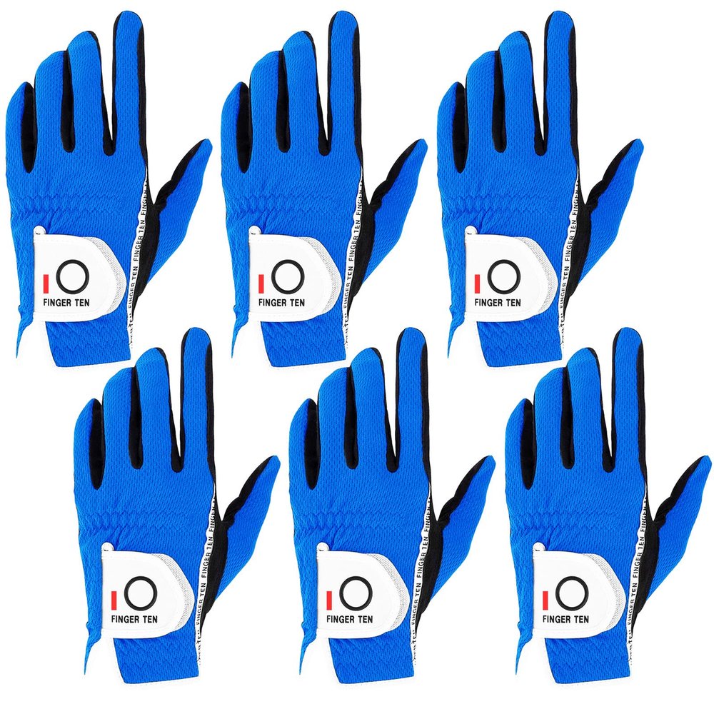 FINGER TEN Golf Gloves Men Right Left Handed Golfer Mens Glove RainGrip Hot Wet Weather Value 6 Pack, All Weather in Blue Large (Blue, Large, Left)