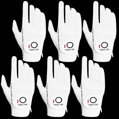 FINGER TEN Golf Gloves Men Right Left Handed Golfer Mens Glove RainGrip Hot Wet Weather Value 6 Pack, All Weather in White X-Large (White, X-Large, Right)