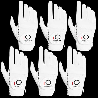 FINGER TEN Golf Gloves Men Right Left Handed Golfer Mens Glove RainGrip Hot Wet Weather Value 6 Pack, All Weather in White Medium/Large (White, Medium/Large, Right)