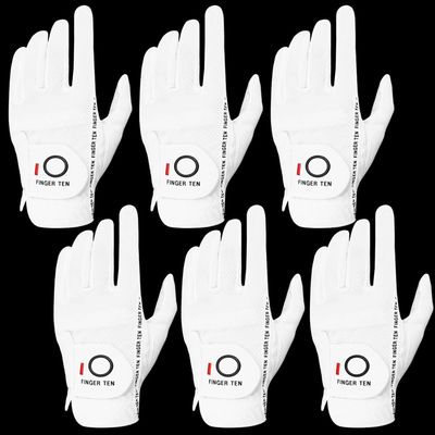 FINGER TEN Golf Gloves Men Right Left Handed Golfer Mens Glove RainGrip Hot Wet Weather Value 6 Pack, All Weather in White Medium/Large (White, Medium/Large, Left)