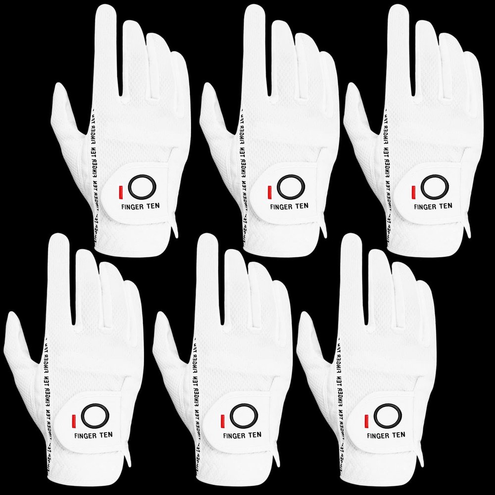 FINGER TEN Golf Gloves Men Right Left Handed Golfer Mens Glove RainGrip Hot Wet Weather Value 6 Pack, All Weather in White Small (White, Small, Right)