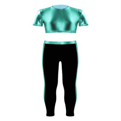 Agoky Kids Girls 2Pcs Dance Training Outfits Metallic Mock Neck Crop Tops with Leggings Pants for Hip Hop Street Dance Lake Blue 8 Years