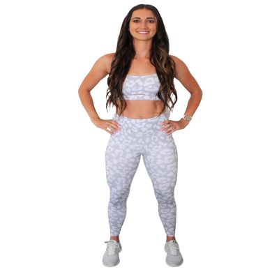 Shape Cake - High Waist Bra Top Pants with Mesh Tummy Control Scrunch Bum Leggings for Women's Workout, Running and Sports - Leopard Active Wear Non-See Athletic Leggings Grey