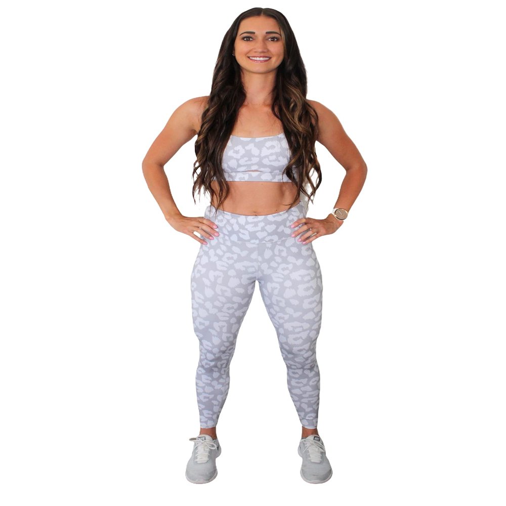 Shape Cake - High Waist Bra Top Pants with Mesh Tummy Control Scrunch Bum Leggings for Women's Workout, Running and Sports - Leopard Active Wear Non-See Athletic Leggings Grey