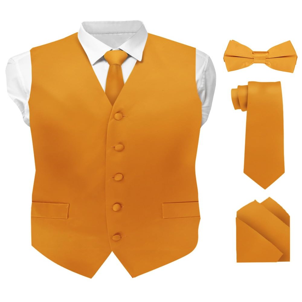 Vittorio Farina Solid Color Satin Suit Vest for Men Set of 4 - Vest, Tie, Bow Tie & Pocket Square (Mustard)