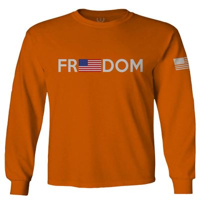 0160. Freedom Military Patriotic Proud American Flag Armour US USA Men's Long Sleeve t Shirt (Orange 2X Large)