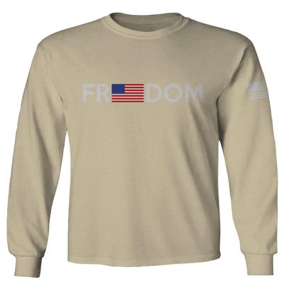 0160. Freedom Military Patriotic Proud American Flag Armour US USA Men's Long Sleeve t Shirt (Beige X-Large)