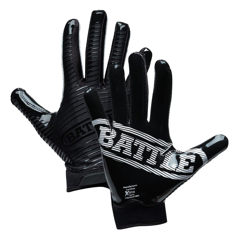 Battle Sports Doom 1.0 Wide Receiver Football Gloves, Ultra Stick Adult & Youth Gloves - Adult X-Large, Black