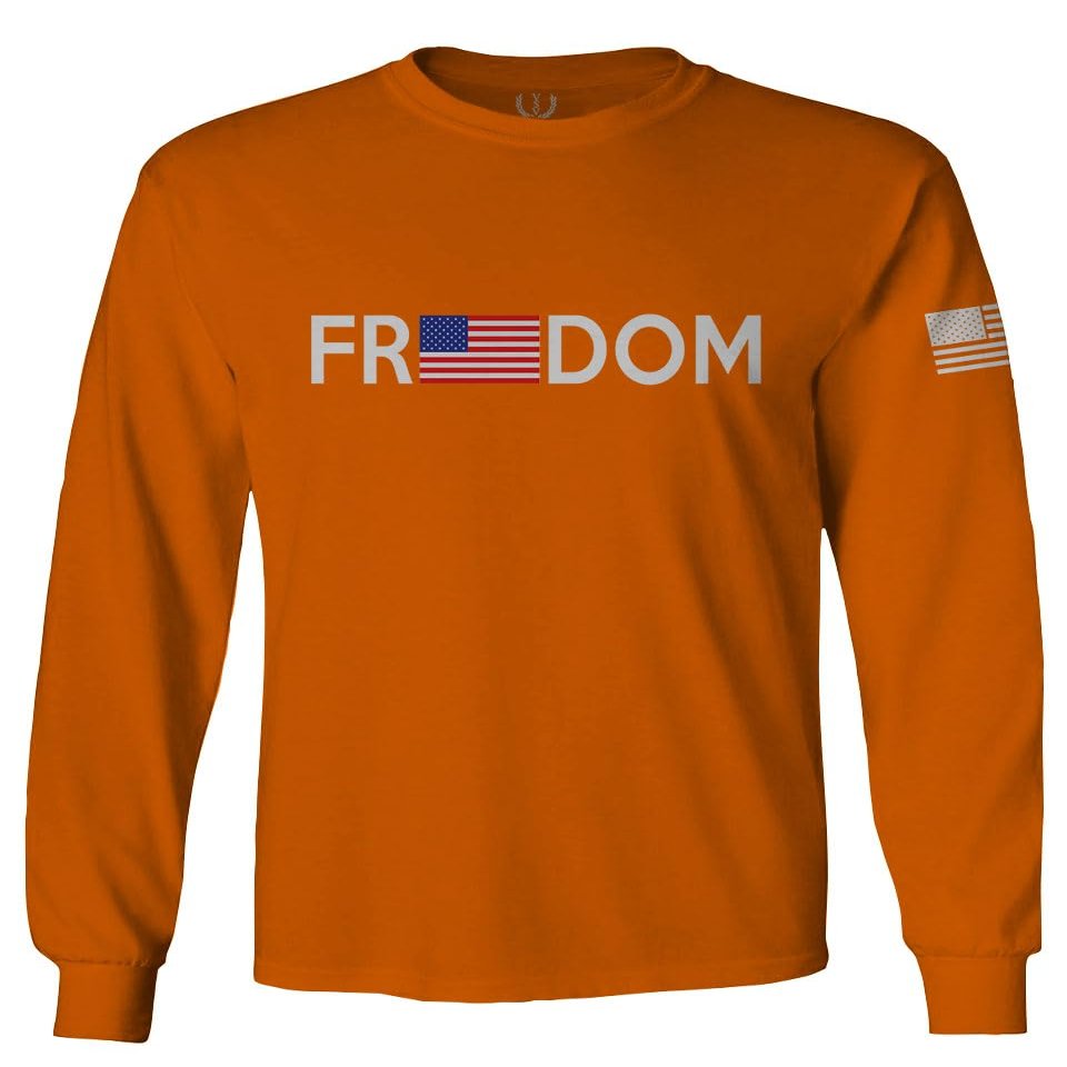 0160. Freedom Military Patriotic Proud American Flag Armour US USA Men's Long Sleeve t Shirt (Orange X-Large)