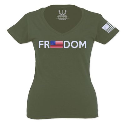 0160. Freedom Military Patriotic Proud American Flag Armour US USA for Women V Neck Fitted T Shirt (Black, X Small)