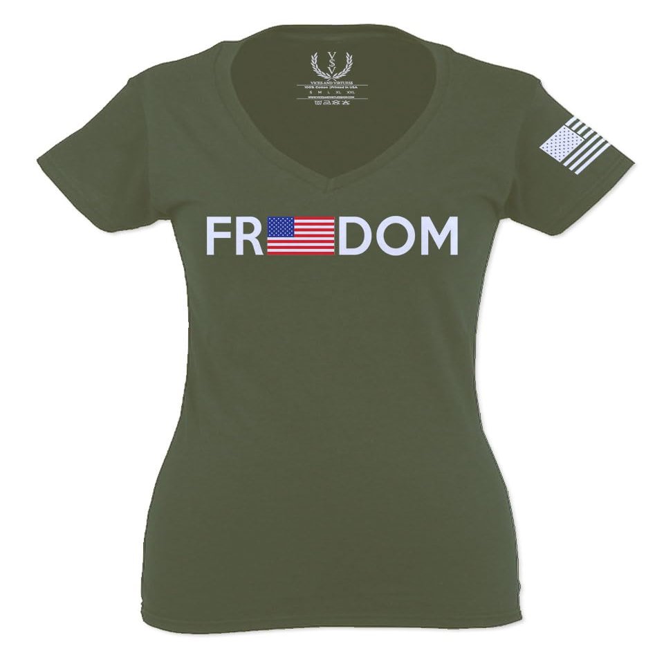 0160. Freedom Military Patriotic Proud American Flag Armour US USA for Women V Neck Fitted T Shirt (Black, X Small)