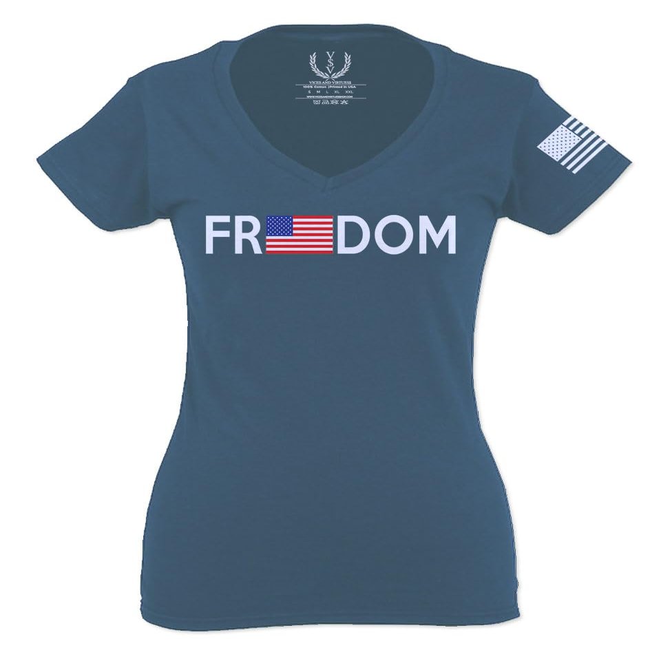 0160. Freedom Military Patriotic Proud American Flag Armour US USA for Women V Neck Fitted T Shirt (Indigo Blue X Small)