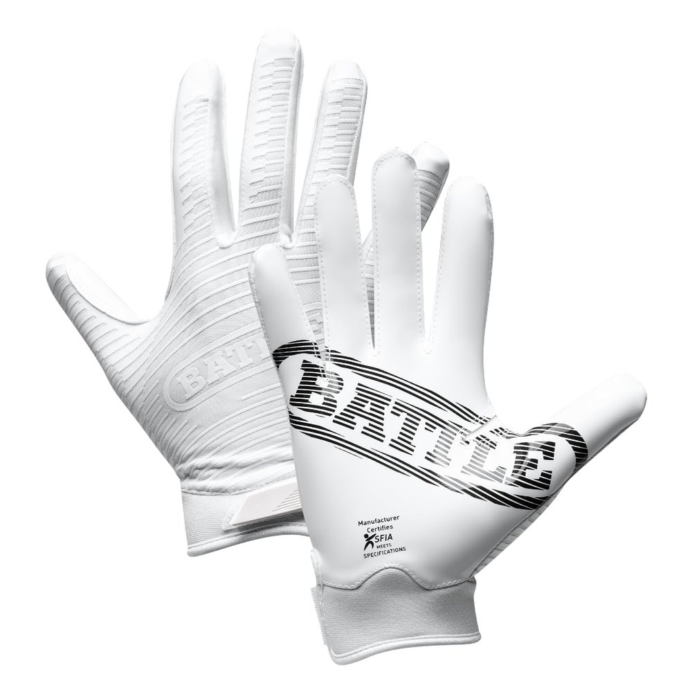 Battle Sports Doom 1.0 Wide Receiver Football Gloves, Ultra Stick Adult & Youth Gloves - Adult X-Large, White