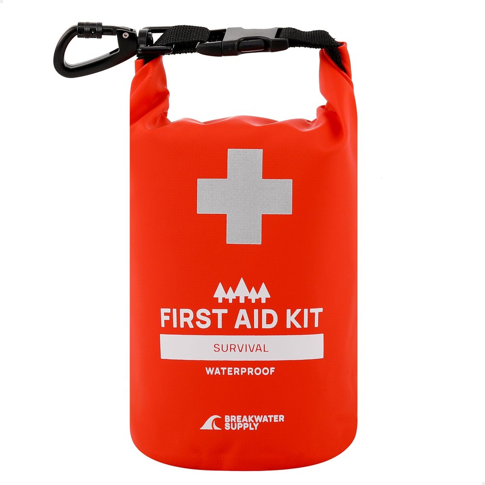 Breakwater Supply Waterproof Survival First Aid Kit, 101 Piece AFAK Emergency Supplies in Dry Bag, IFAK Trauma Kit Bug Out Bag for Camping, Hiking, Boating, Fishing, Hunting with Splint (Red)