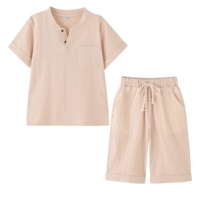 POBIDOBY Boy's T-shirt and Shorts Set Cotton Linen Summer Short Sleeve Children Two Pieces Clothing Pants Sets (Khaki, 4T)