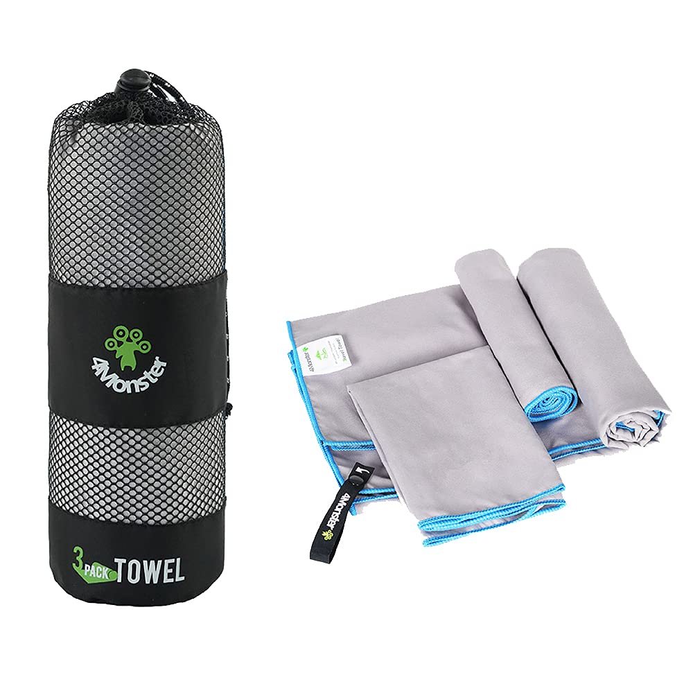 4Monster 3 Size Microfiber Camping Towels at 1 Pack,Fast Drying Beach Travel Towel Ultra Compact,Ultra Soft Gym Towel for Beach Hiking Yoga Travel Sports Backpacking Trip and Pool (Grey)