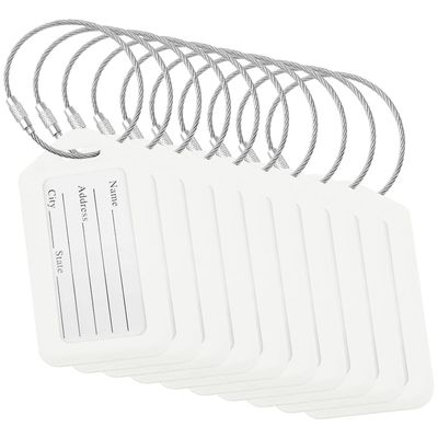 BlueCosto - Luggage Tags - White, 10 Pack - Suitcase Tags with Name ID Card & Heavy-Duty Metal Wire Loops - Bright Colored PVC Identifiers for Travel Baggage - Backpack Name Labels