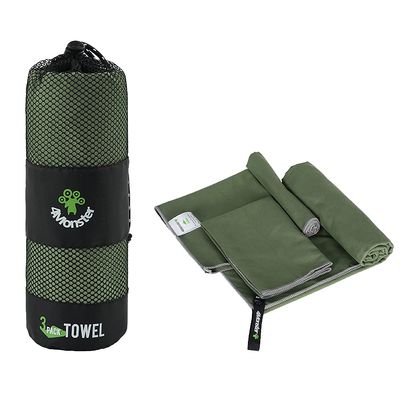 4Monster 3 Size Microfiber Camping Towels at 1 Pack,Fast Drying Beach Travel Towel Ultra Compact,Ultra Soft Gym Towel for Beach Hiking Yoga Travel Sports Backpacking Trip and Pool (Army Green)