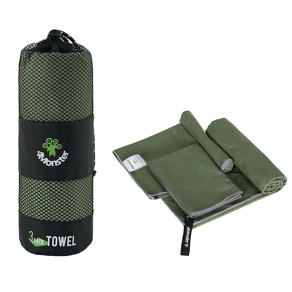 4Monster 3 Size Microfiber Camping Towels at 1 Pack,Fast Drying Beach Travel Towel Ultra Compact,Ultra Soft Gym Towel for Beach Hiking Yoga Travel Sports Backpacking Trip and Pool (Army Green)