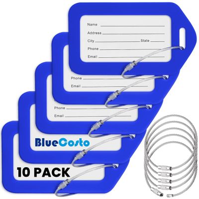BlueCosto - Luggage Tags - Blue, 10 Pack - Suitcase Tags with Name ID Card & Heavy-Duty Metal Wire Loops - Bright Colored PVC Identifiers for Travel Baggage - Backpack Name Labels