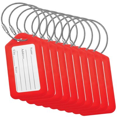 BlueCosto - Luggage Tags - Red, 10 Pack - Suitcase Tags with Name ID Card & Heavy-Duty Metal Wire Loops - Bright Colored PVC Identifiers for Travel Baggage - Backpack Name Labels