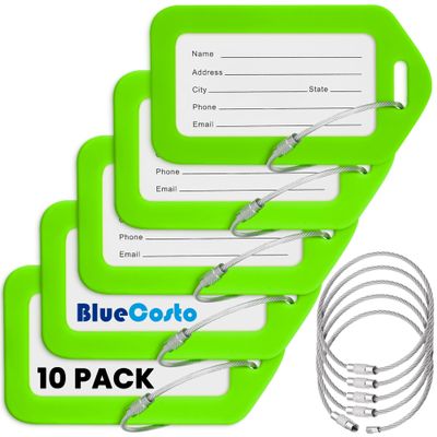 BlueCosto - Luggage Tags - Green, 10 Pack - Suitcase Tags with Name ID Card & Heavy-Duty Metal Wire Loops - Bright Colored PVC Identifiers for Travel Baggage - Backpack Name Labels