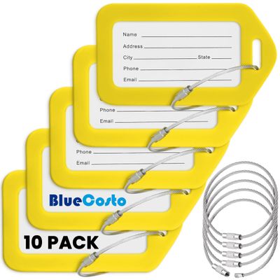 BlueCosto Luggage Tags (Small, Yellow, 10 PK) - Suitcase Tags w/Name ID Card & Heavy-Duty Metal Wire Loops - Bright Colored PVC Tags for Travel Baggage - Backpack Name Labels