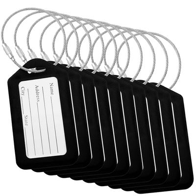 BlueCosto - Luggage Tags - Black, 10 Pack - Suitcase Tags with Name ID Card & Heavy-Duty Metal Wire Loops - Bright Colored PVC Identifiers for Travel Baggage - Backpack Name Labels