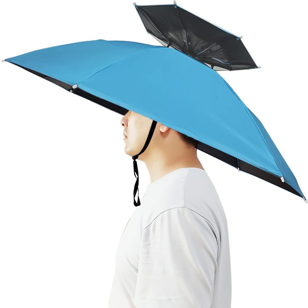 Bocampty Umbrella Hat, Double Layer Fishing Hat Hands Free Foldable UV Protection Ventilative Umbrella Cap Adjustable Headwear for Fishing Golf Beach Gardening Sunshade Outdoor