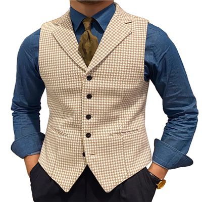 Ceehuteey Men's Suit Vests Leisure Wool Tweed Plaid Waistcoat Slim Fit(Beige,Small)