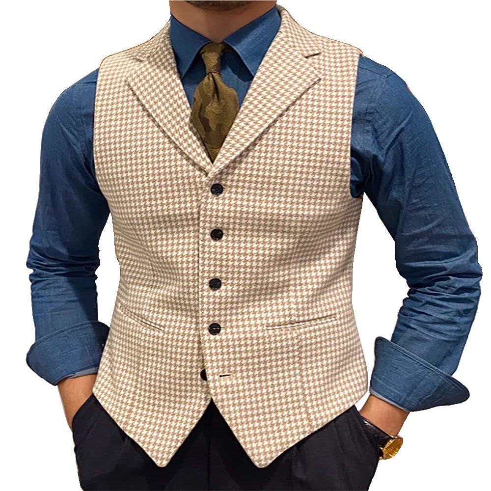 Ceehuteey Men's Suit Vests Leisure Wool Tweed Plaid Waistcoat Slim Fit(Beige,Small)