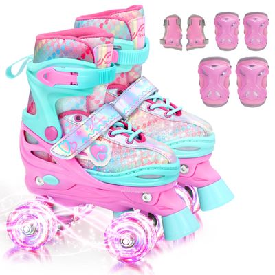 Sportneer Kids Roller Skates: 4 Size Adjustable Quad Skates with Light Up Wheels for 5-8 8-12 Girls Boys Toddlers Beginners, Birthday Gift Skates with Protective Gear Set for Outdoor Indoor