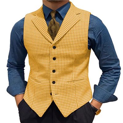 Ceehuteey Men's Suit Vests Leisure Wool Tweed Plaid Waistcoat Slim Fit(Yellow,Medium)
