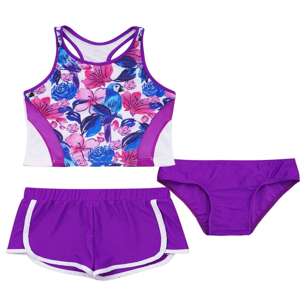 Nikiikoo Kids Girls 3Pcs Active Sports Suit Racer Back Crop Top with Swim Boyshorts Tankini Swimsuit Purple 4 Years