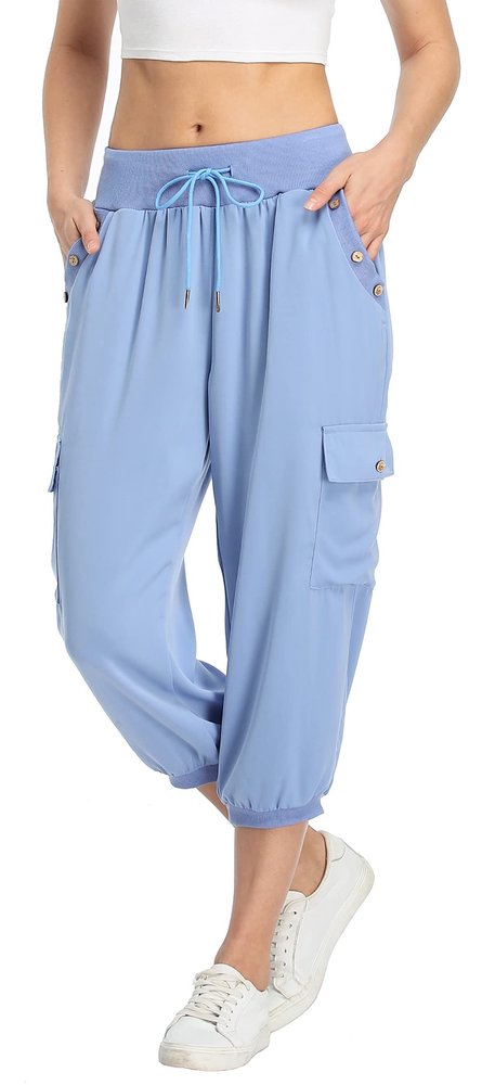 MISS MOLY Women's 2025 Cargo Capris Travel Pants Summer Cropped Loose Harem Pants Sweatpants Joggers with Pockets Sky Blue L