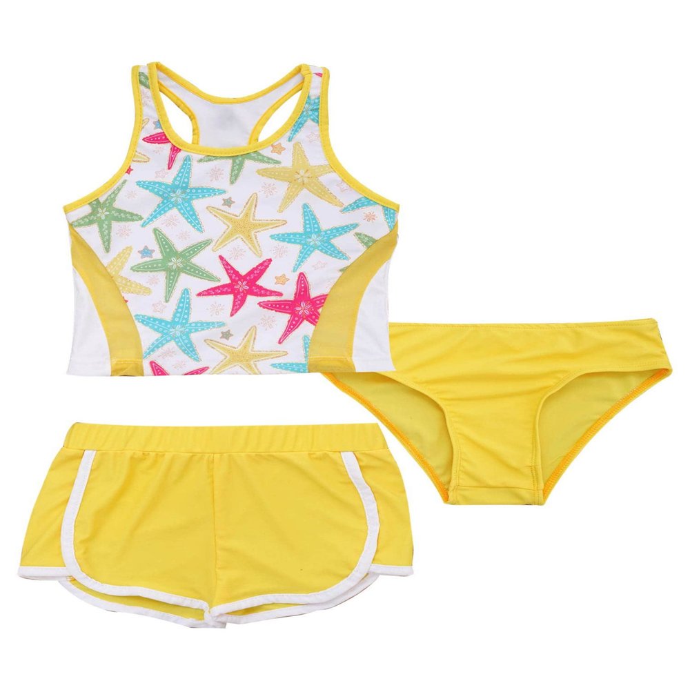 Nikiikoo Kids Girls 3Pcs Active Sports Suit Racer Back Crop Top with Swim Boyshorts Tankini Swimsuit White 4 Years