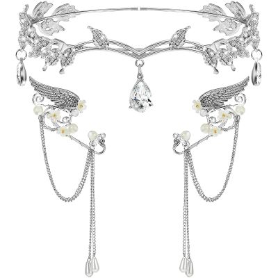 Hicarer 3 Pcs Halloween Rhinestone Leaf Headband Metal Elf Ears Fairy Costume Crown Princess Cosplay for Women(Silver)