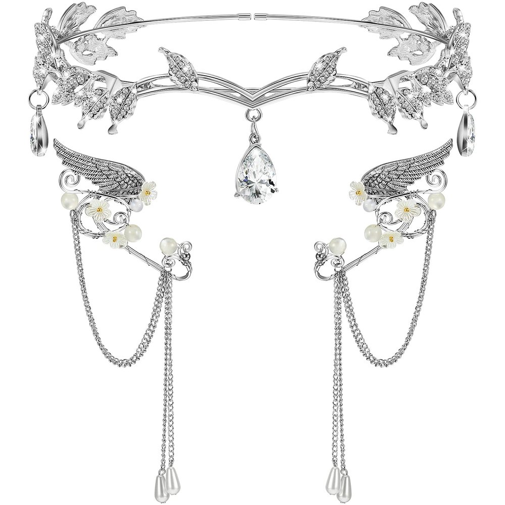 Hicarer 3 Pcs Halloween Rhinestone Leaf Headband Metal Elf Ears Fairy Costume Crown Princess Cosplay for Women(Silver)