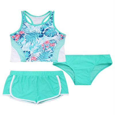 Nikiikoo Kids Girls 3Pcs Active Sports Suit Racer Back Crop Top with Swim Boyshorts Tankini Swimsuit Turquoise 4 Years